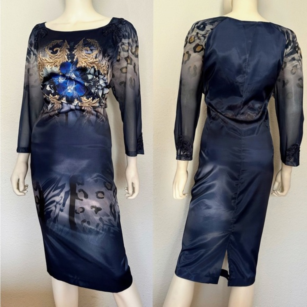 NWT POLEN POE PLUS SIZE SATIN DRESS SHEER SLEEVES UNLINED FLORAL/ANIMAL PRINT